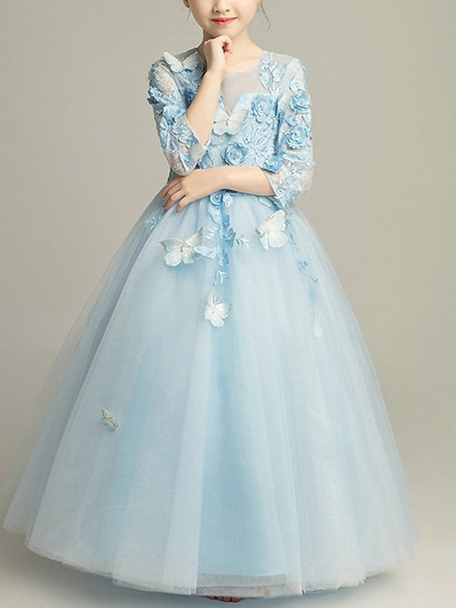 Oknass Ball Gown 3/4 Length Sleeve Jewel Neck Floor Length Flower Girl Dress Tulle  With Beading Appliques