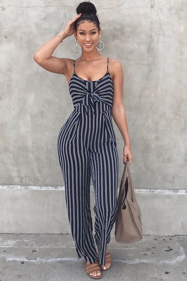 Striped Knotted Elastic Cut Out Slip Straight Jumpsuit