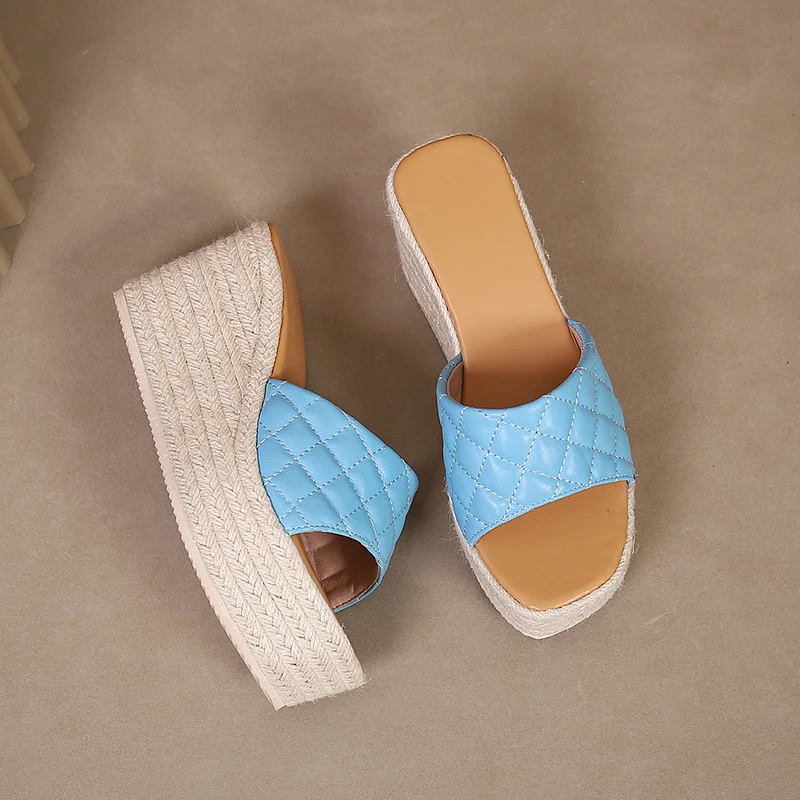 Wongn Wongn Slope Heel Thick Bottom High Toe Sandals Female Grass Hemp Rope Bottom