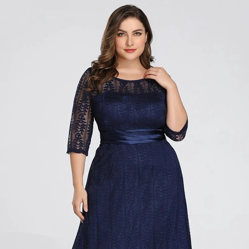 Elegant Half Sleeve Lace Plus Size Long Evening Dress