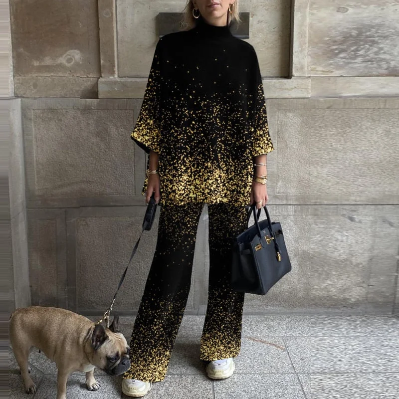 Half High Collar Suit Spring Print Casual Tracksuit Women Retro 2 Pieces Set Sports Sweatshirts Pullover Home Sweatpants Outfits