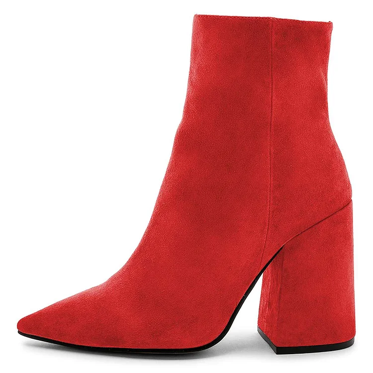 Red Vegan Suede Pointy Toe Block Heel Ankle Boots with Zipper |FSJ Shoes