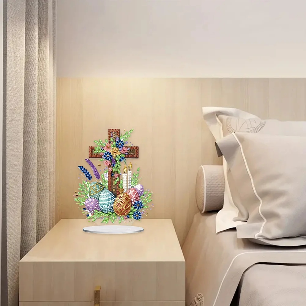 DIY Cross Easter Egg Single-Sided Acrylic Diamond Painting Tabletop Ornament for Home Office Desktop Decor