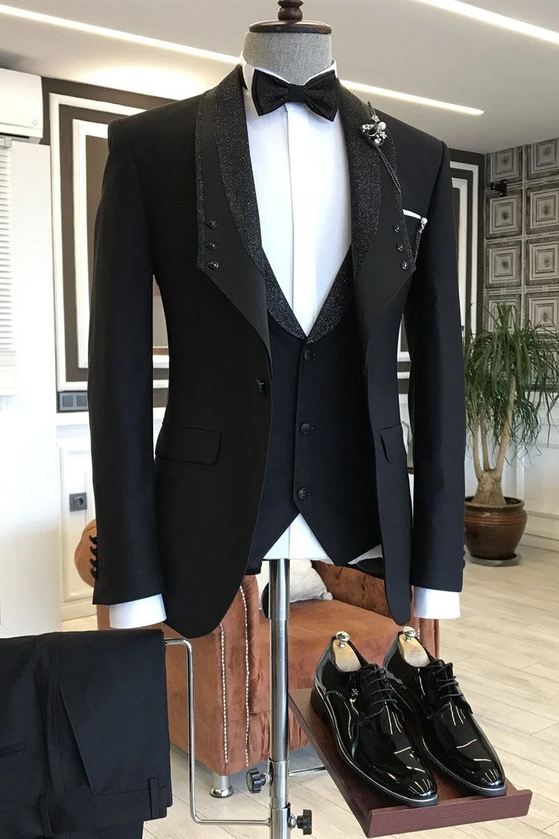 One Button Felix 3-pieces All Black Shawl Lapel Wedding Suits For Grooms | Ballbellas Ballbellas