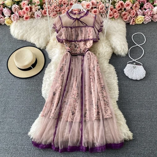 Fitaylor Summer New Floral Print France Long Dress Women New Sashes High Waist Ball Gown Dresses Lady Round Neck Bow Date Party