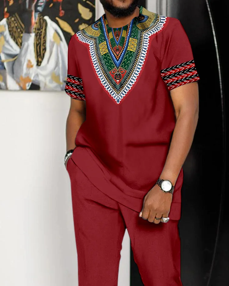 Suitmens Men's Casual Colorblock Ethnic Style Short Sleeve Walking Suit - 627