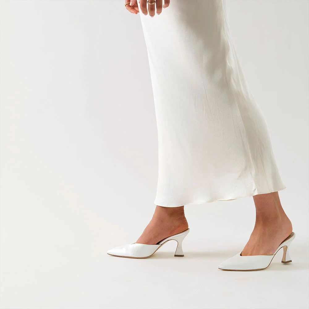 Elegant Ivory Satin Pointed Toe Flared Heel Mule Shoes for Women