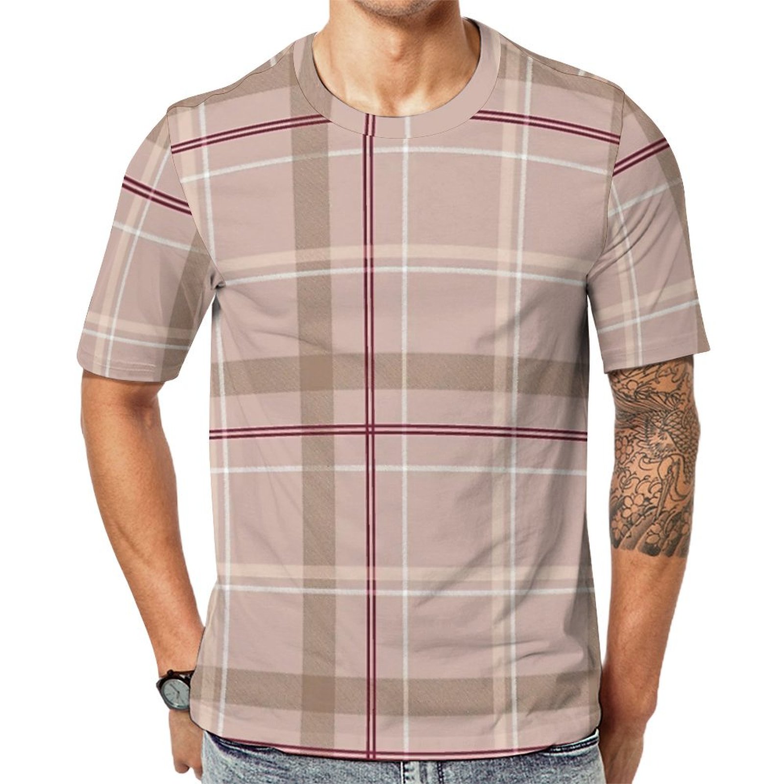 Tartan Plaid Burgundy Tan Pink Short Sleeve Print Unisex Tshirt Summer Casual Tees for Men and Women Coolcoshirts