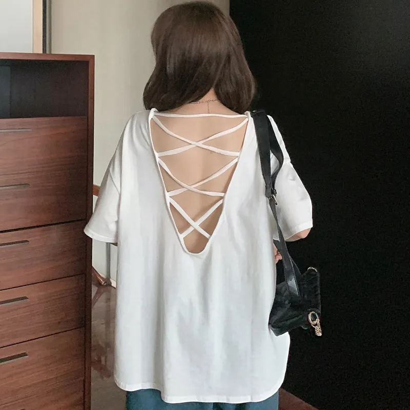 Backless Pure Color Loose T-Shirt