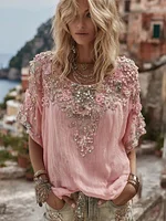 Women's Vintage Floral Art Linen Blend Comfy T-shirt