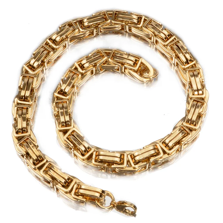 10MM Gold Color Heavy Byzantine Box Chain Mens