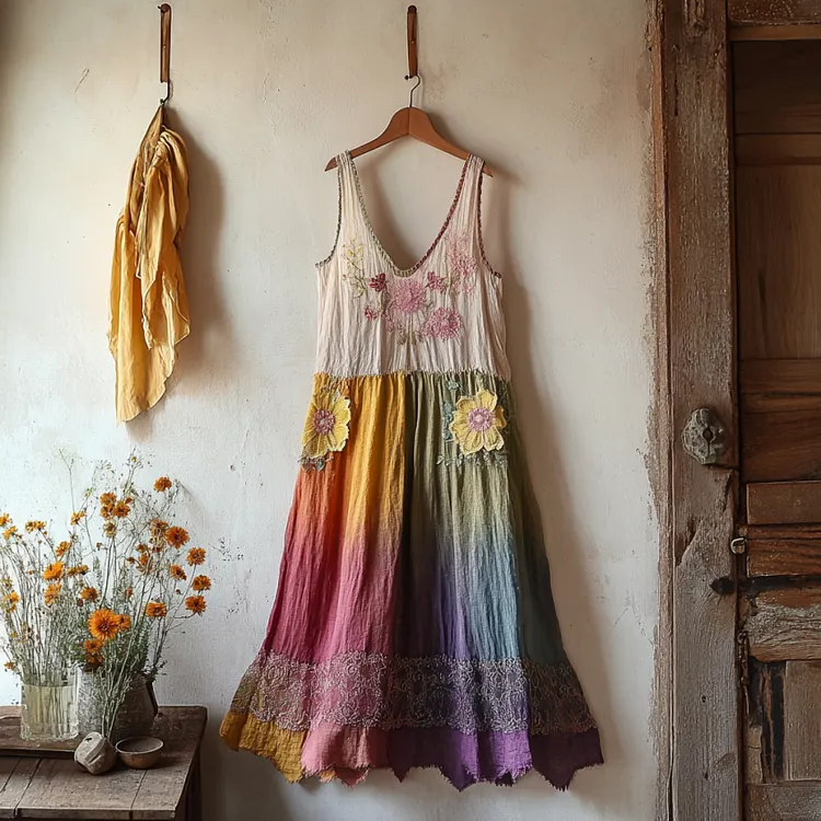 Retro Boho Floral Art Embroidery Print Lace And Linen V-neck Sleeveless Midi Dress