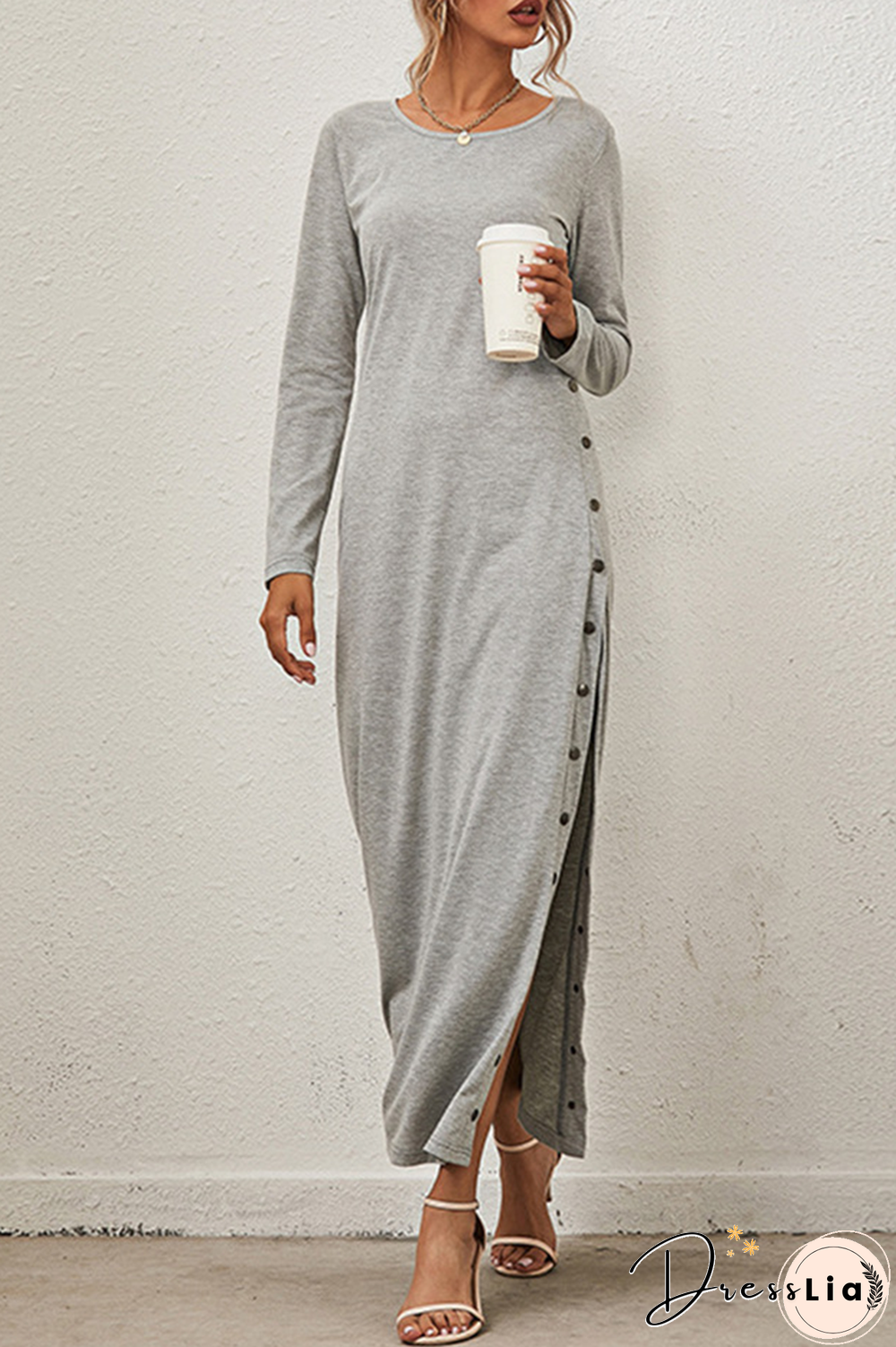 Solid Buckle Slit O Neck A Line Dresses(8 Colors)