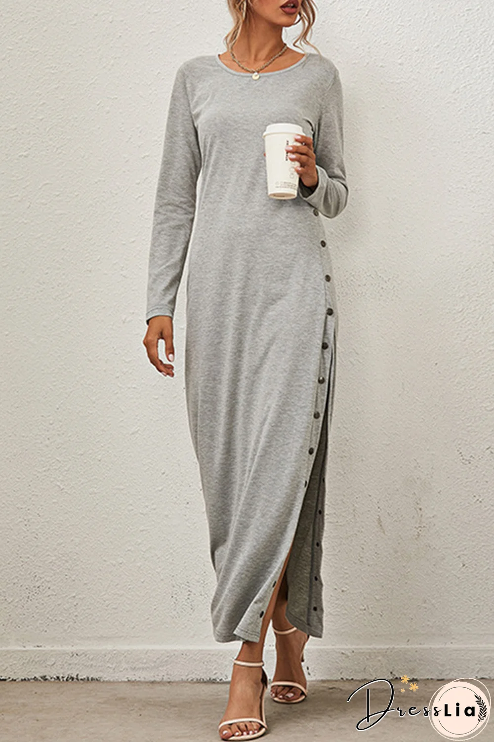 Solid Buckle Slit O Neck A Line Dresses(8 Colors)