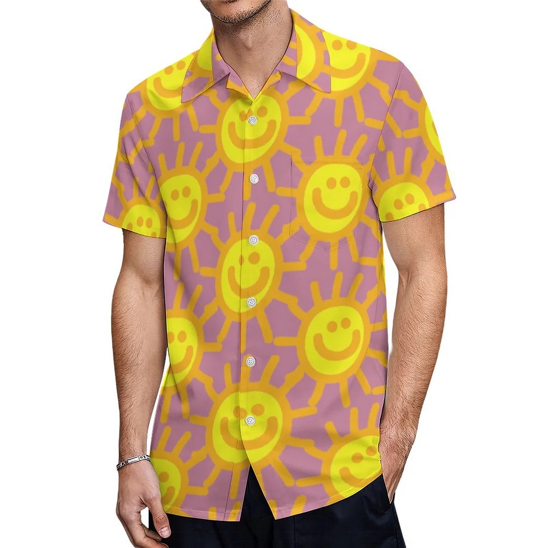Short Sleeve Yellow Happy Face Sun Sunshine Hawaiian Shirt Mens Button Down Plus Size Tropical Hawaii Beach Shirts