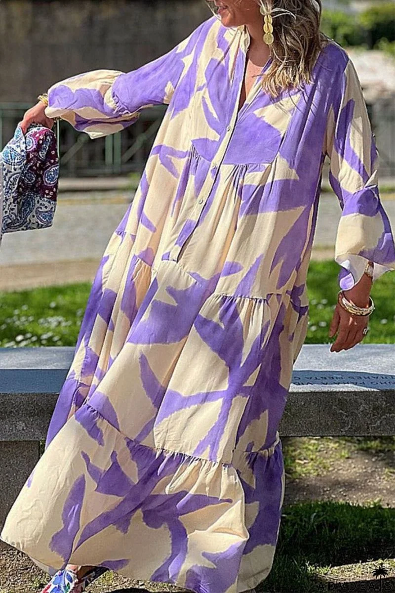 Casual Elegant Floral Buttons V Neck Printed Dress Dresses