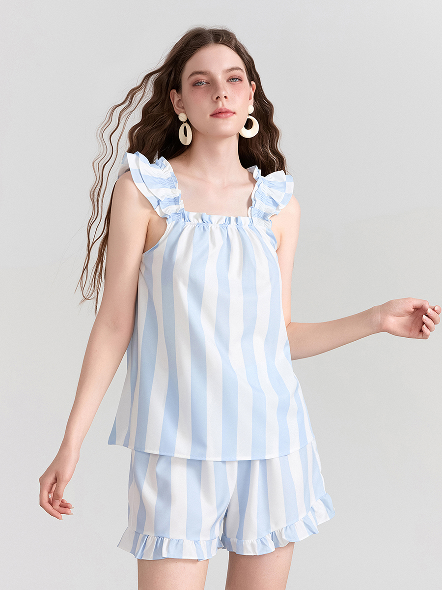 wsevypo Summer Two-Piece Vest Shorts Suits Casual Striped/Plaids Sleeveless Ruffles Straps Tank Tops and Loose Wide Leg Shorts