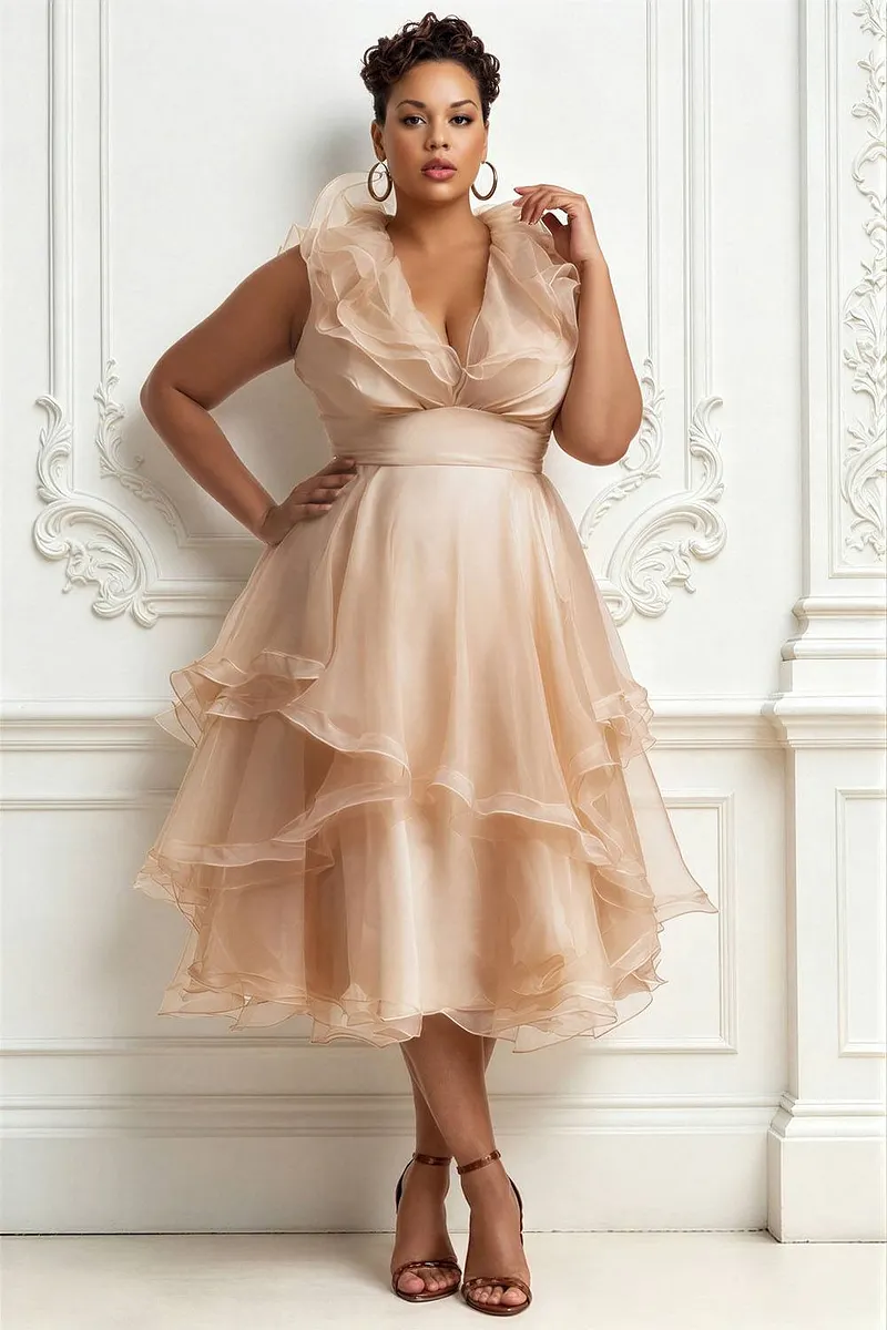 Xpluswear Design Plus Size Wedding Guest Elegant Champagne Floral Short Sleeve Pocket Satin Midi Dresses