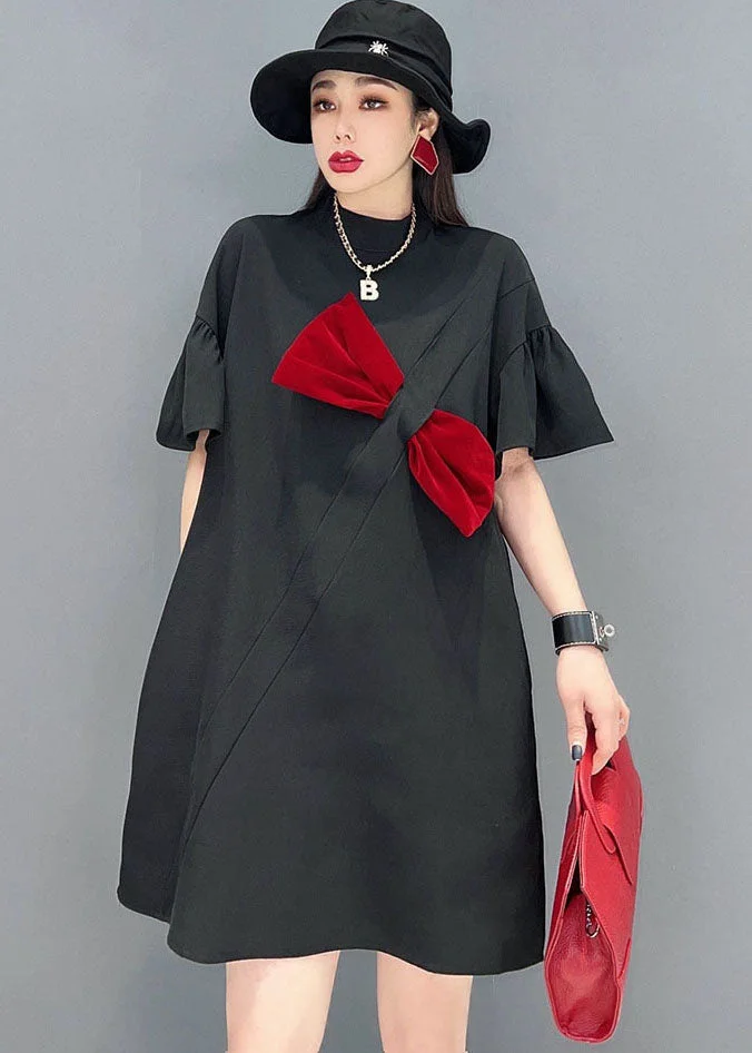 5.25Organic Black Brief Bow Patchwork Cotton Mid Dress Short Sleeve