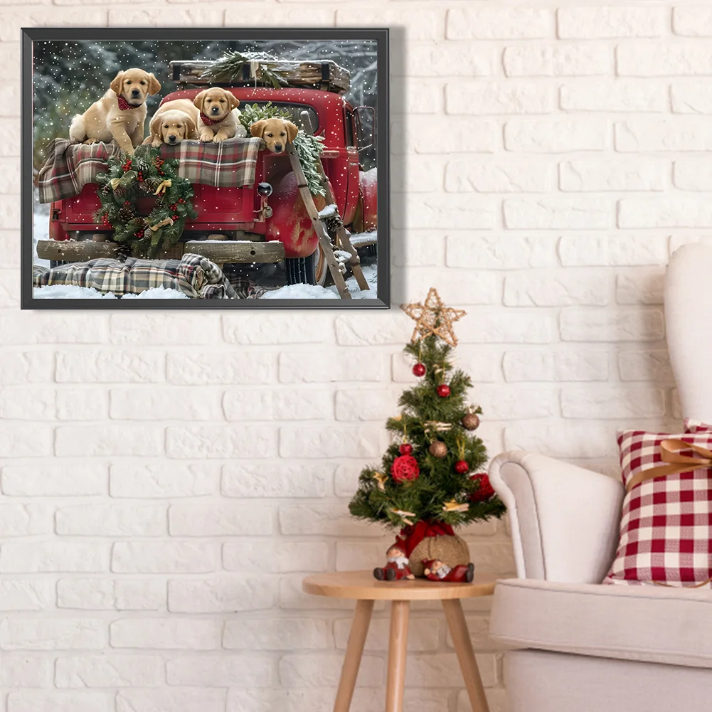 Diamond Painting - Full Round Drill - Xmas Car Dogs(Canvas|40*30cm)