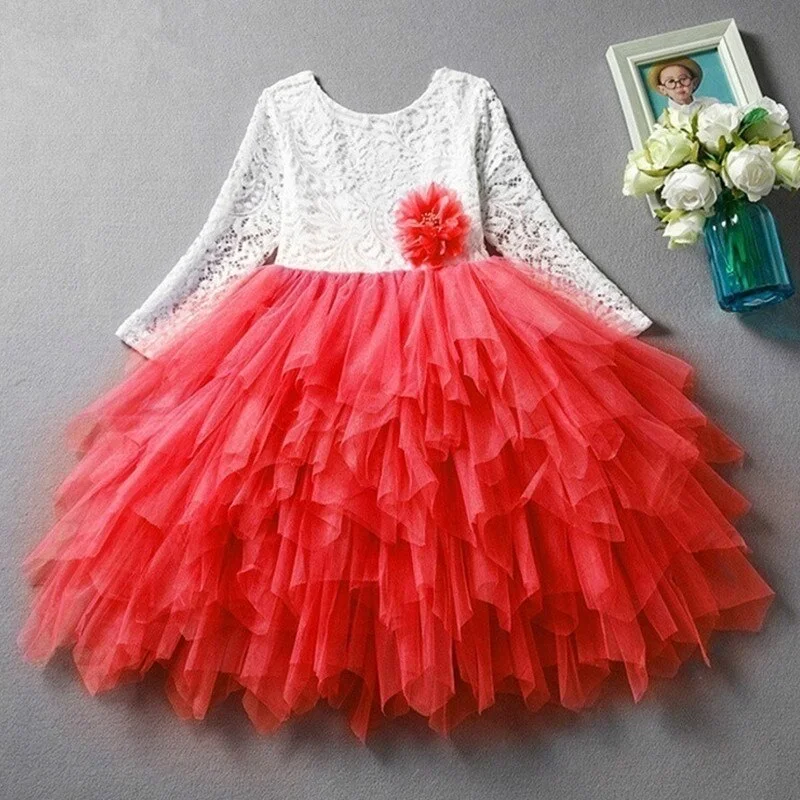 Summer Girl Dress Birthday Party Communion Ceremony Princess Dress Lace Red White Pink Kids Ball Gown Elegant Dress Size 3-8T