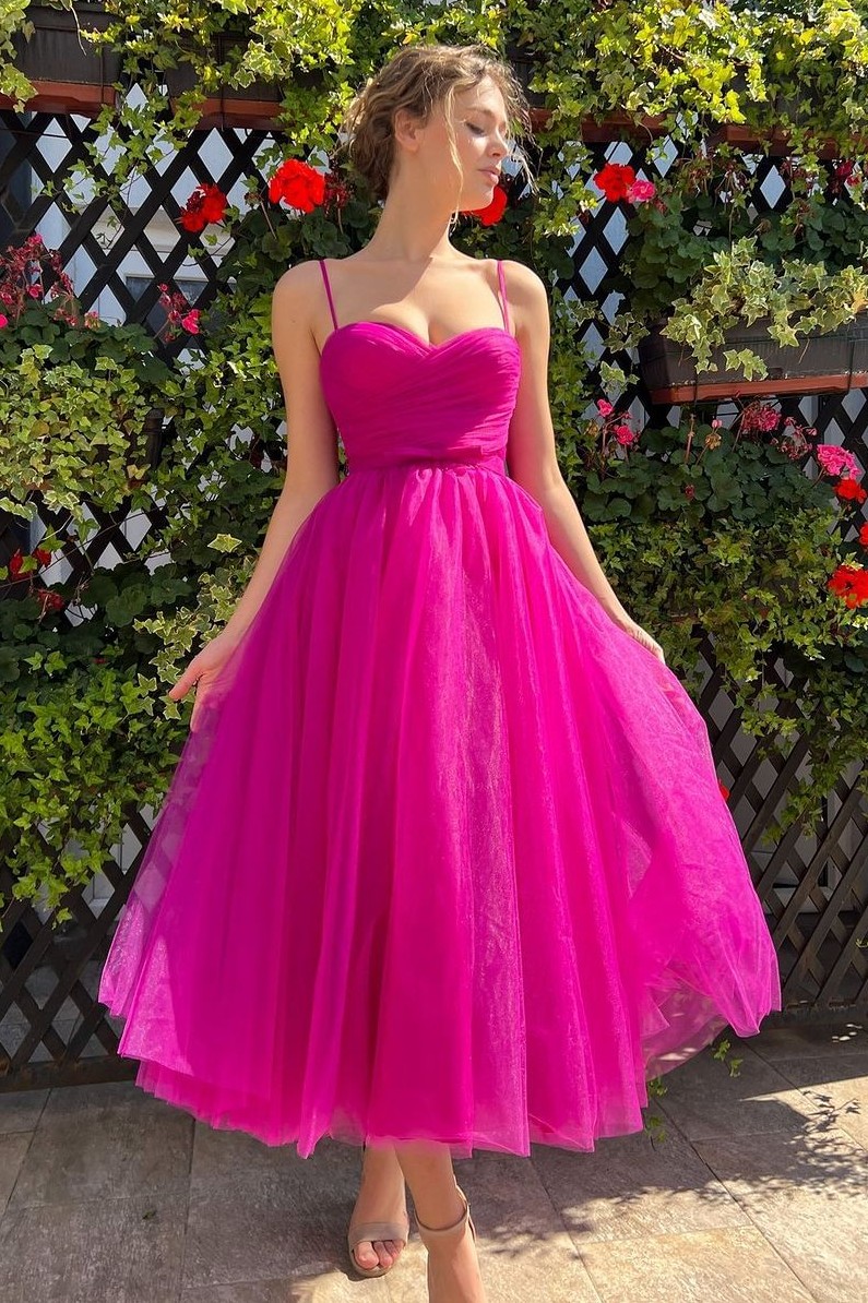 Oknass Charming Pink Sleeveless Spaghetti Strap Tea Length Prom Dress With Tulle