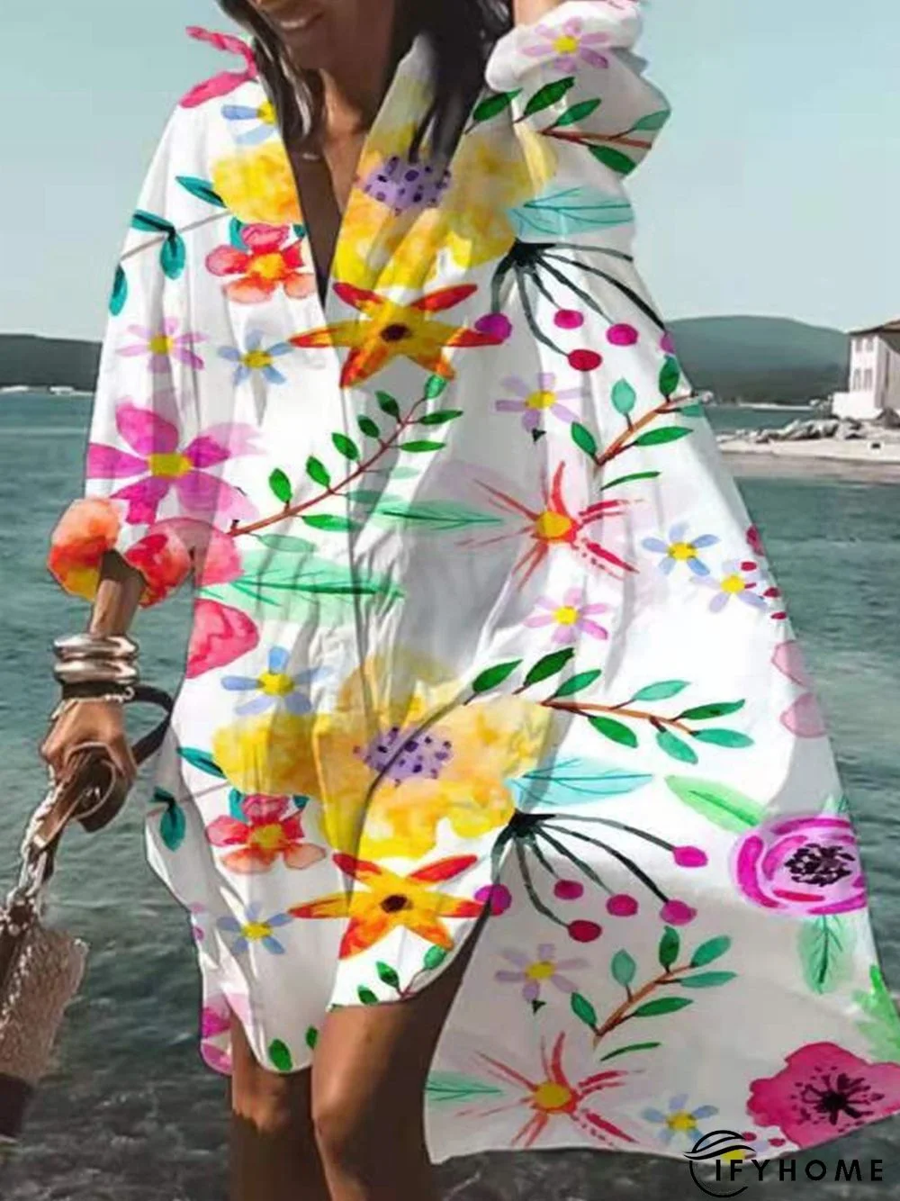 Floral Printed Shawl Collar Holiday Long Sleeve Casual Weaving Dress | IFYHOME