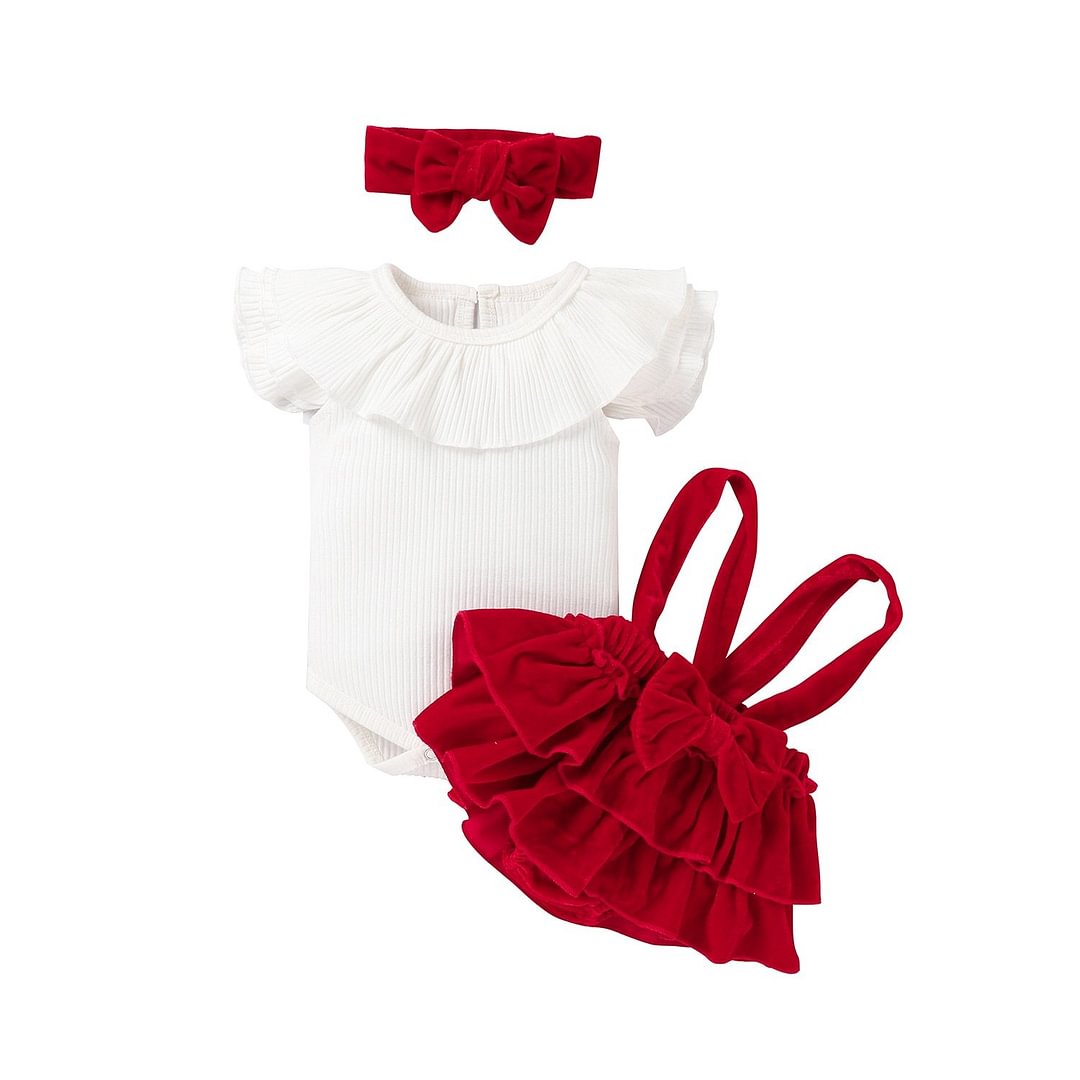 Newborn 3Pcs Summer Outfit Set Infant Ribbed Flying Sleeve Ruffled Romper Velvet Suspender Skirt Hair Band for Baby Summer