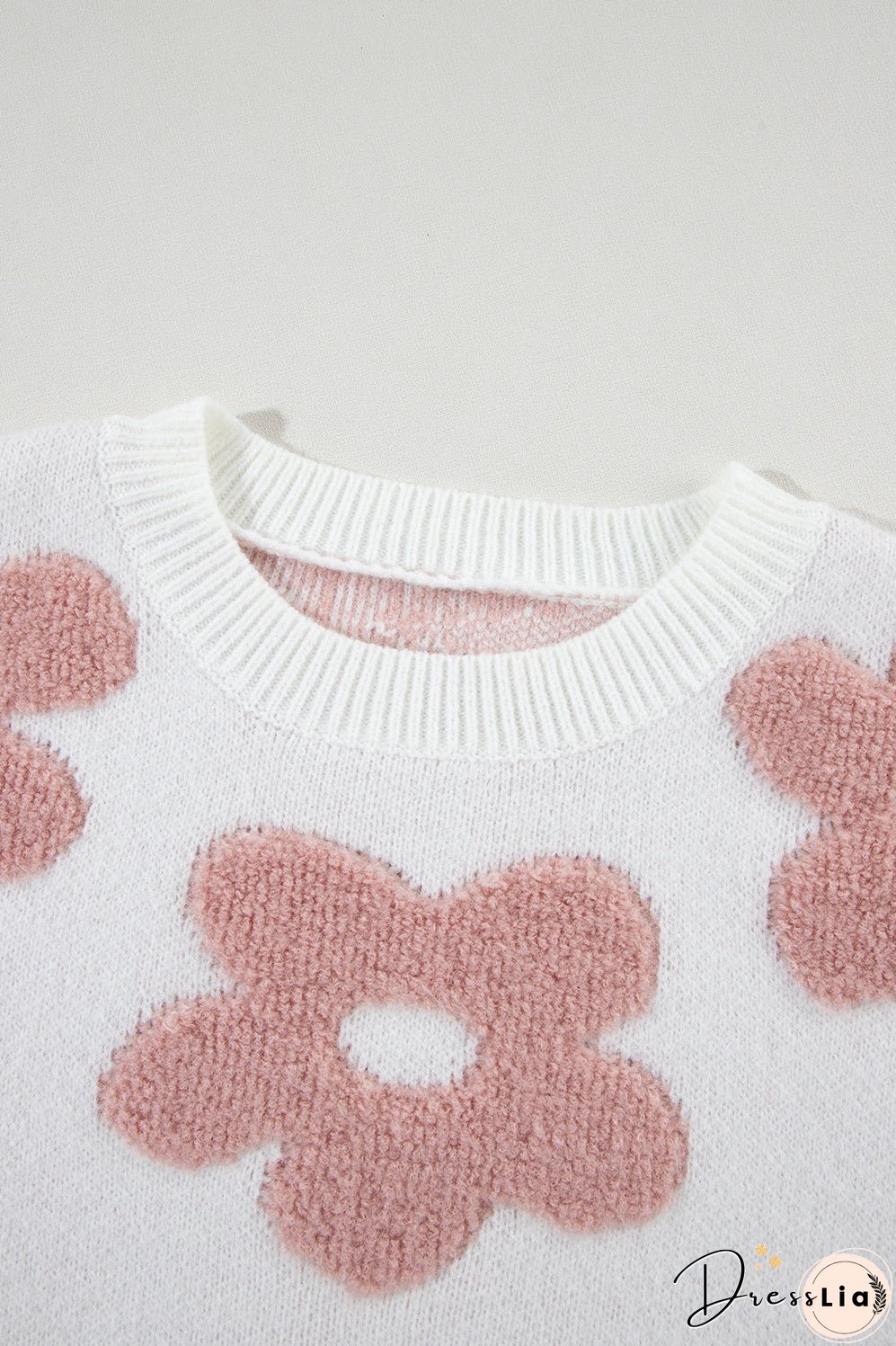 Flower Round Neck Long Sleeve Knit Top