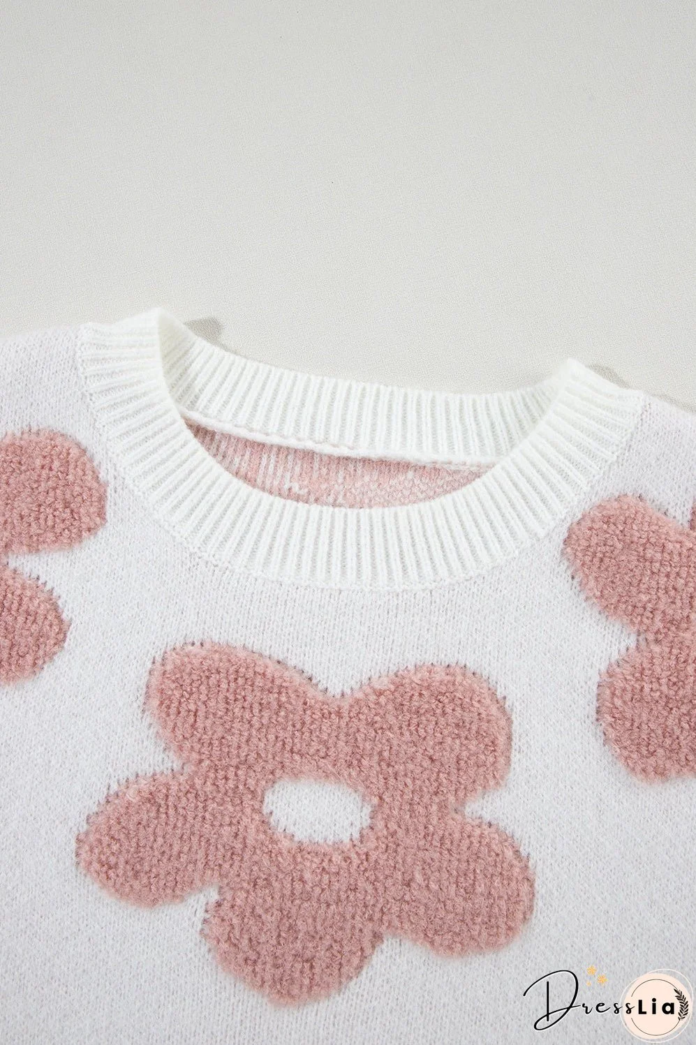 Flower Round Neck Long Sleeve Knit Top