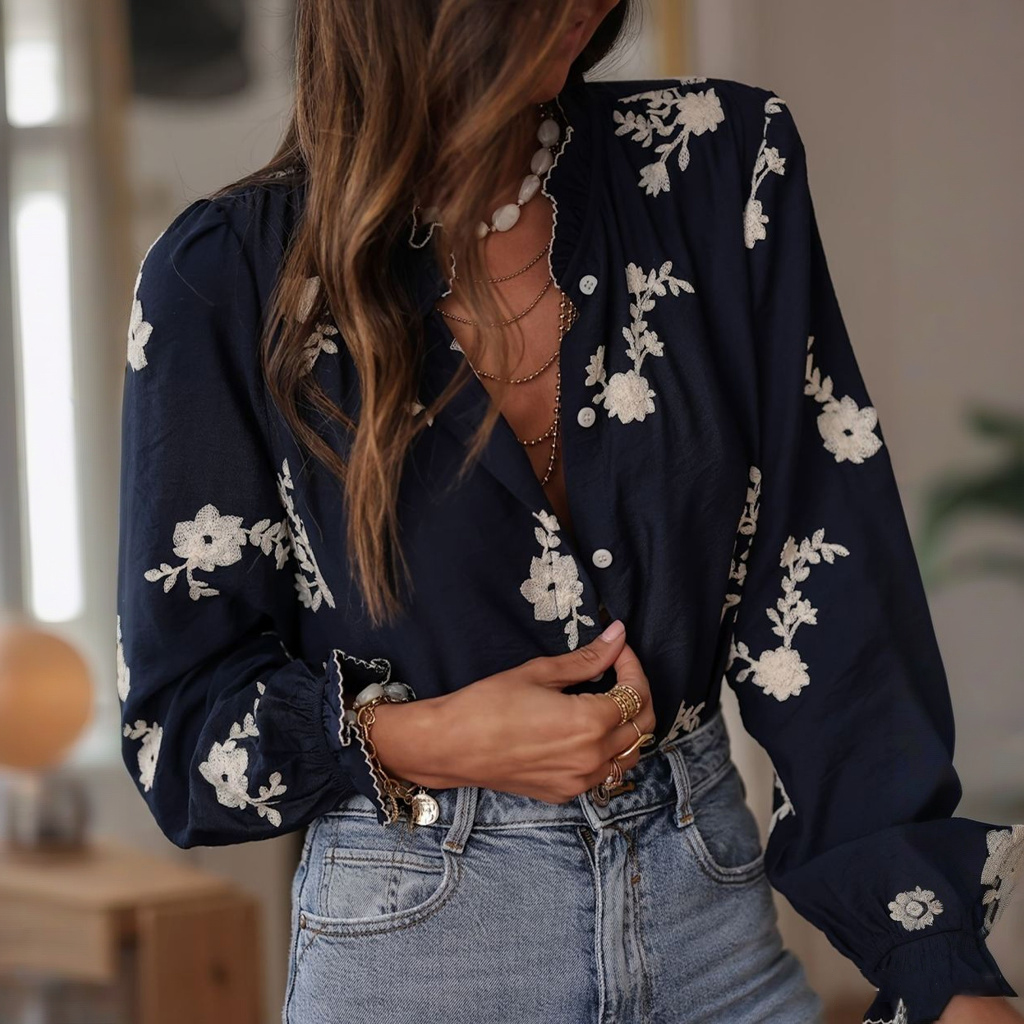 Women's Elegant Casual Floral Embroidered Cotton And Linen Blouse artswardrobe