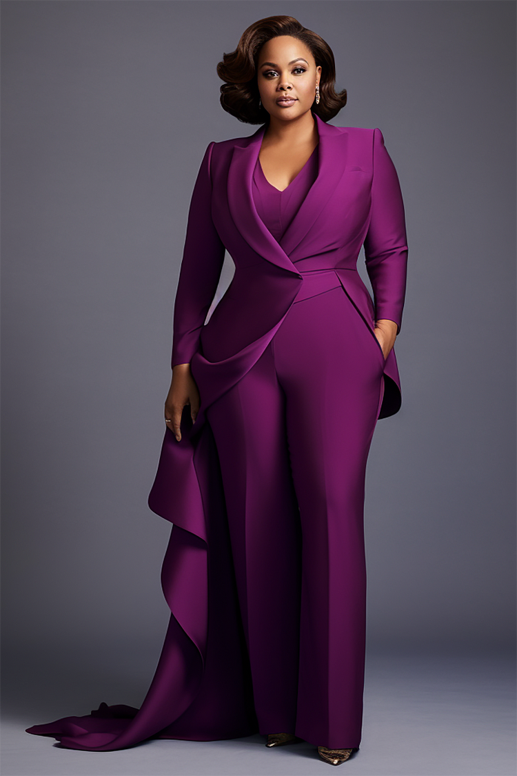 Xpluswear Design Plus Size Mother Of The Bride Elegant Purple Turndown Collar Long Sleeve Flounce Pockets Two Piece Pant Sets [Pre-Order]