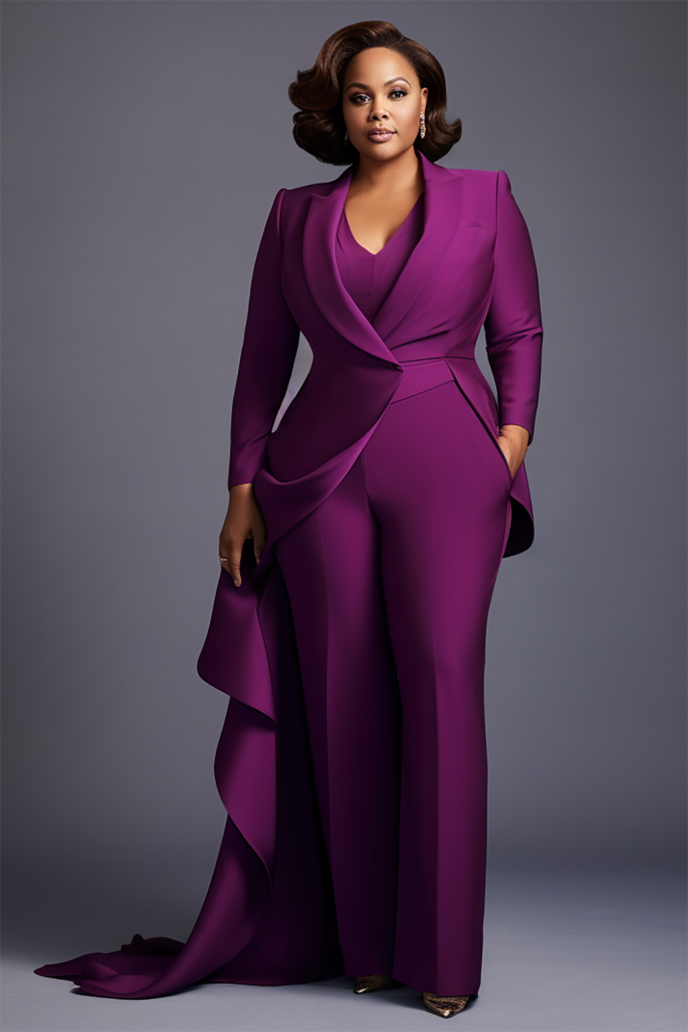 Design Plus Size Mother Of The Bride Elegant Purple Turndown Collar Long Sleeve Flounce Pockets Two Piece Pant Sets [Pre-Order]