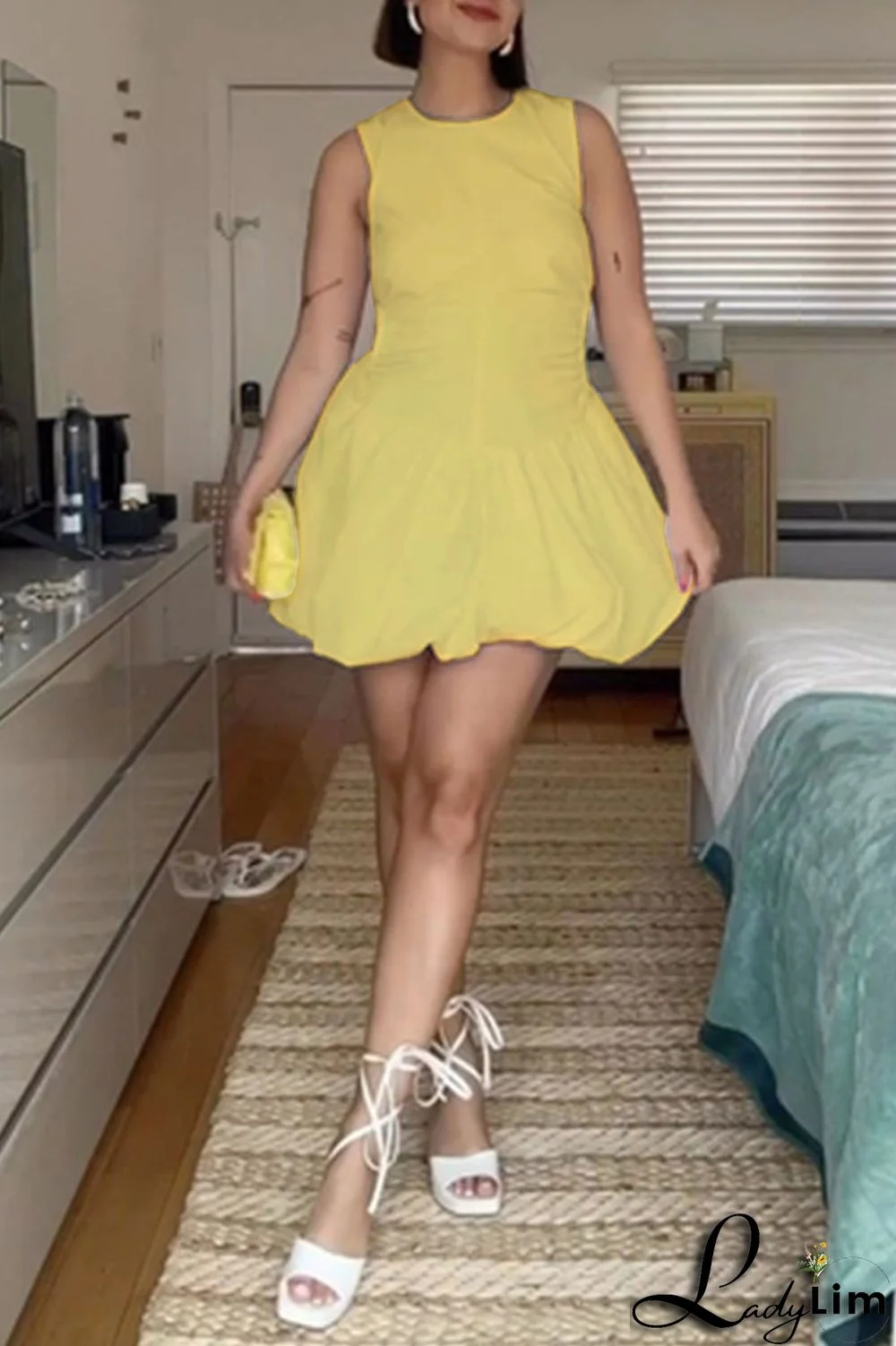 Yellow Sexy Casual Sweet Simplicity Cut Out Solid Color U Neck Mini Dress Dresses