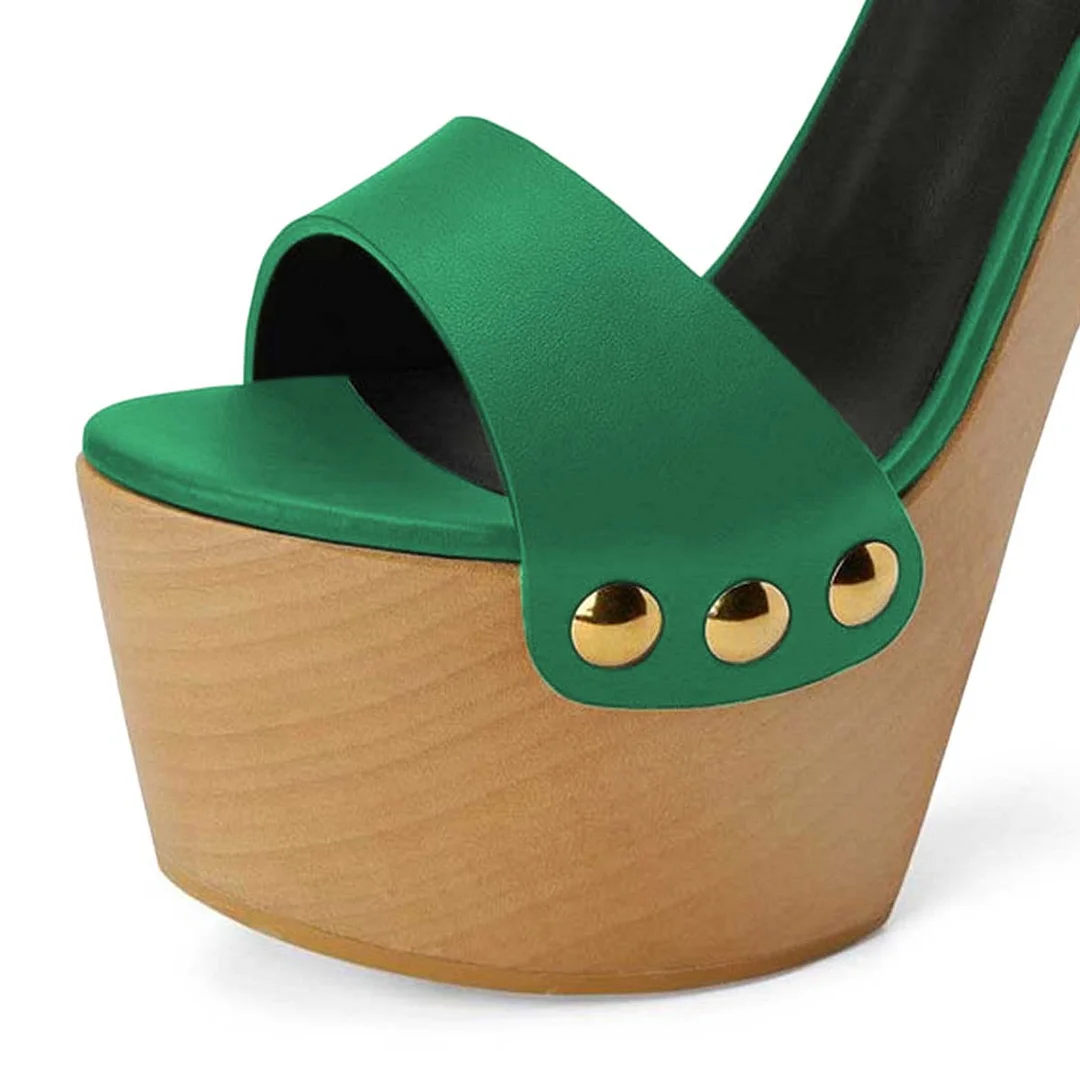 Green Studded Open Toe Ankle Strap Clog Heels with Platform