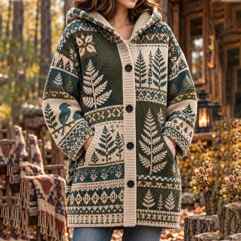 Comstylish Women's Vintage Ethnic Forest Print Colorblock Cardigan Sweater