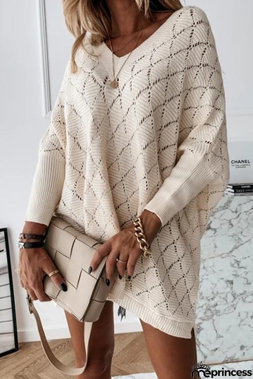 Hollow Out Batwing Sleeve V Neck Sweater