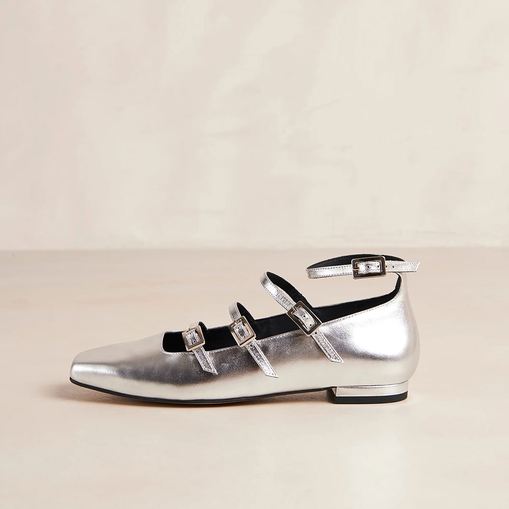 Metallic Silver Square Toe Flat Buckled Mary Jane Shoes Nicepairs
