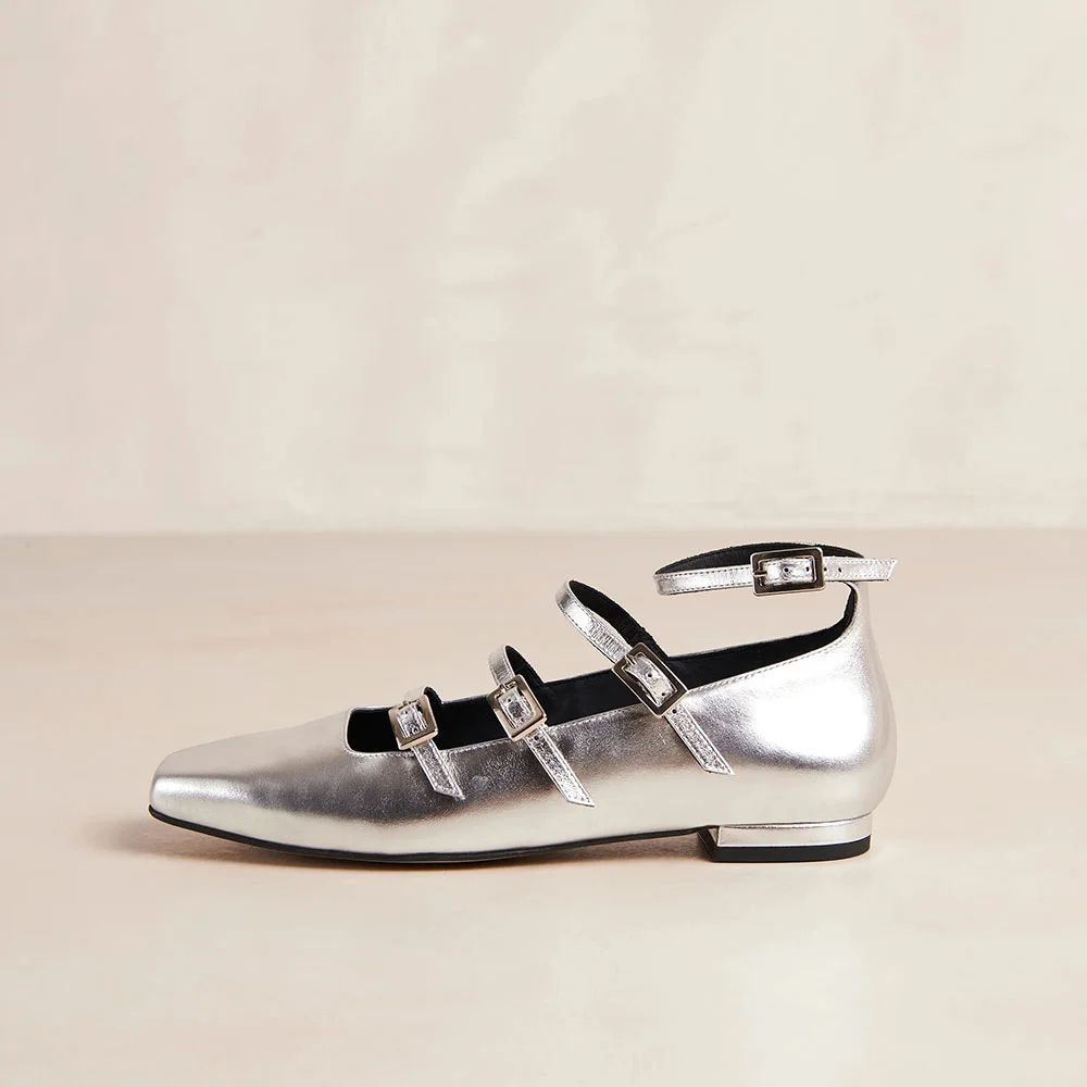 Metallic Silver Square Toe Strappy Flats Buckled Mary Jane Shoes Nicepairs