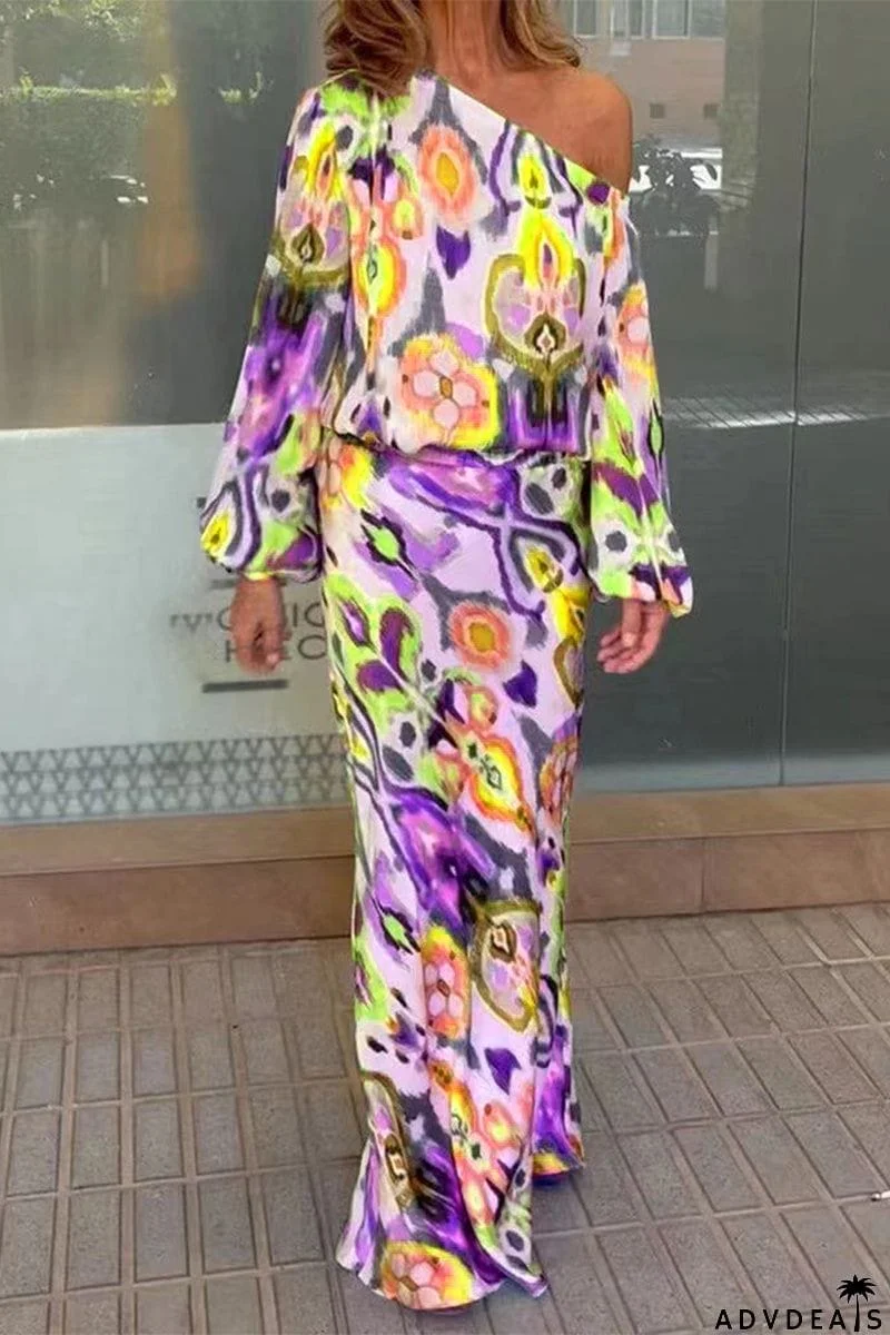 Sexy Floral Asymmetrical Oblique Collar Long Sleeve Two Pieces