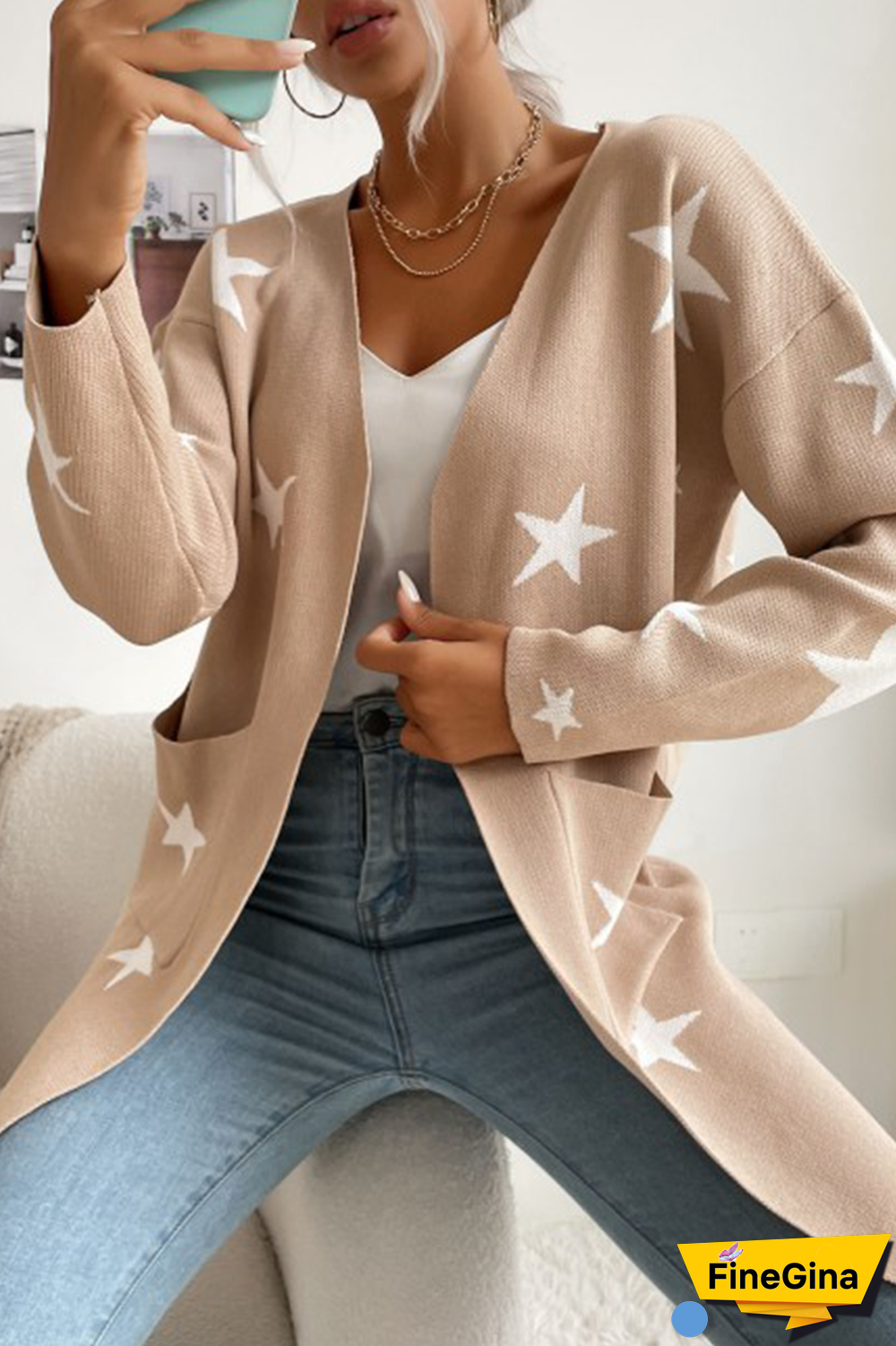 Casual The stars Split Joint Pocket V Neck Outerwear Sweater