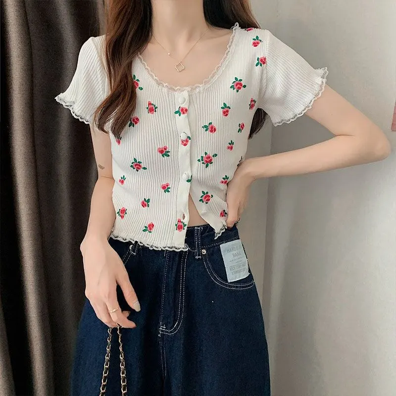 Uveng Uveng Bubble BM Broken Flower T-Shirt New Short Ins Lace Korean Version Sweet Renoval Sweet Sleeve T-Shirt
