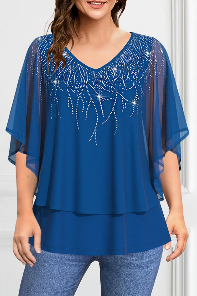 Flycurvy Plus Size Dressy Blue Sequin Flutter Sleeve Sparkly Layered Blouse  Flycurvy [product_label]