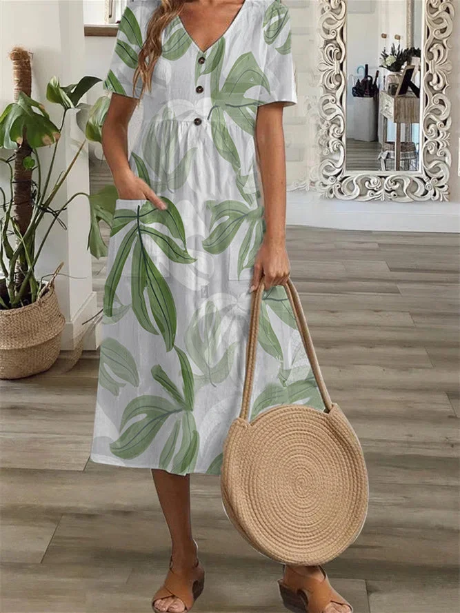 Women Short Sleeve V-neck Floral Printed Button Midi Dress