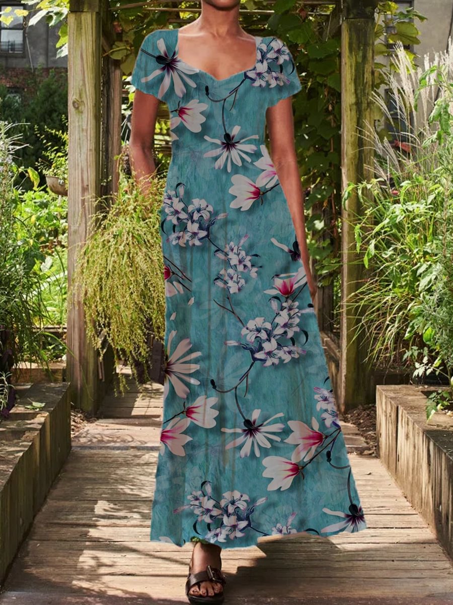 Casual Floral Print V Neck Short Sleeves Maxi Dress