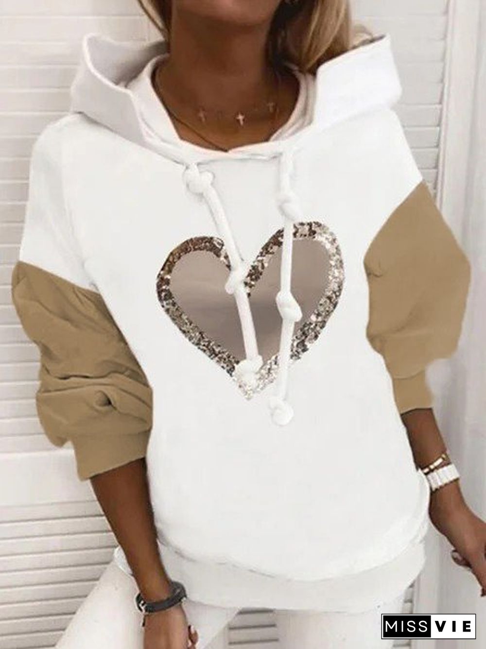 Vintage Shiny Love Heart Color-block Hoodie Long Sleeve Plus Size Casual Sweatshirts