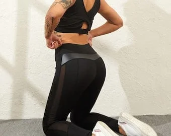 pornhint Pornhint High Waist Fitness Leggings Women for Legging Workout Women Mesh And PU Leather Patchwork Legging