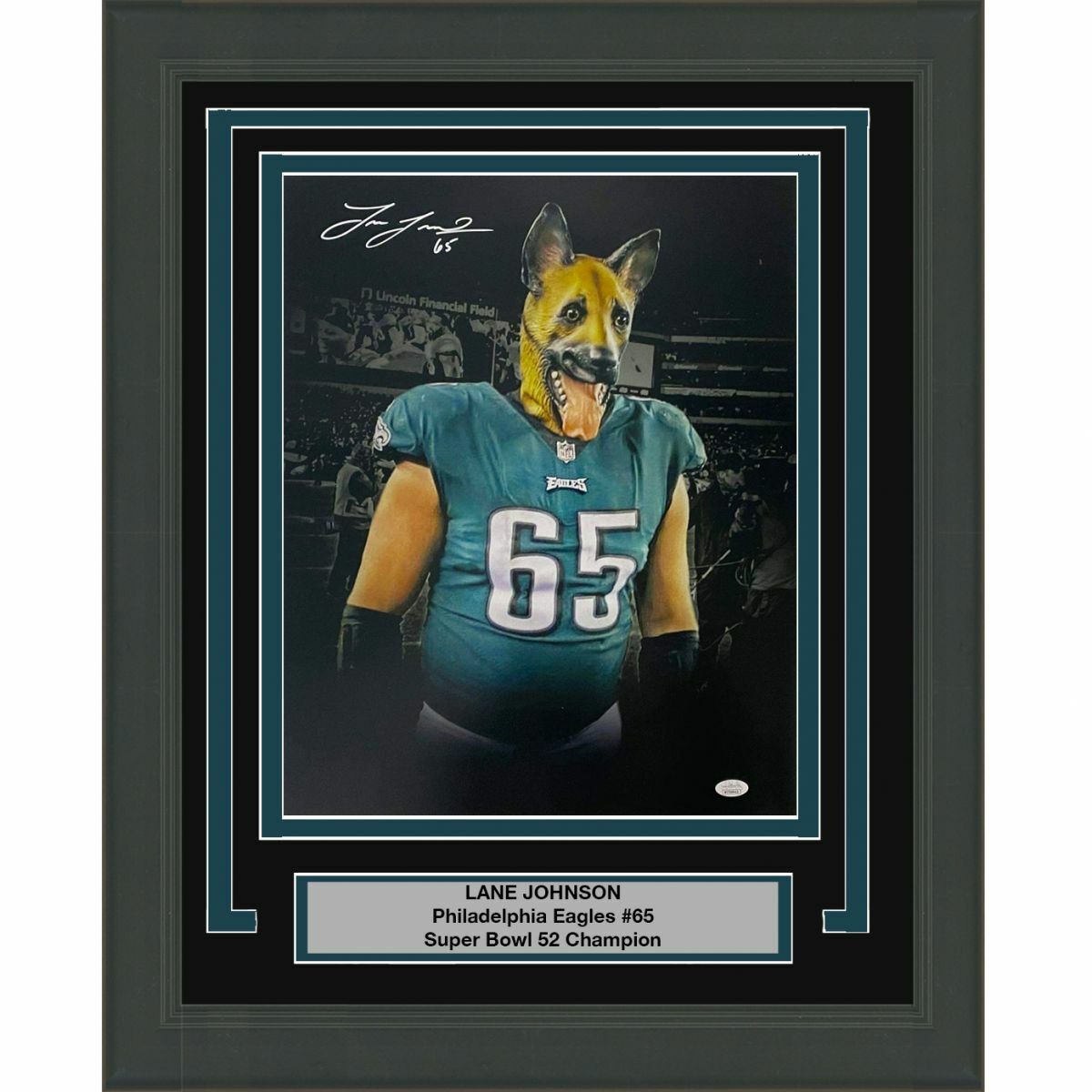 FRAMED Autographed/Signed LANE JOHNSON Eagles Dog Mask 16x20 Photo Poster painting JSA COA Auto