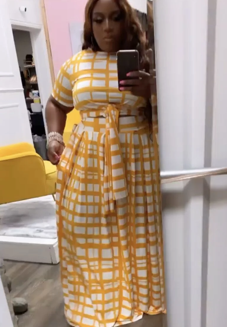 CM.YAYA Women Plus Size Plaid Two Piece Set Fashion Tie Up T-shirt and Maxi Skirts Matching Set Streetwear Vintage Outfits