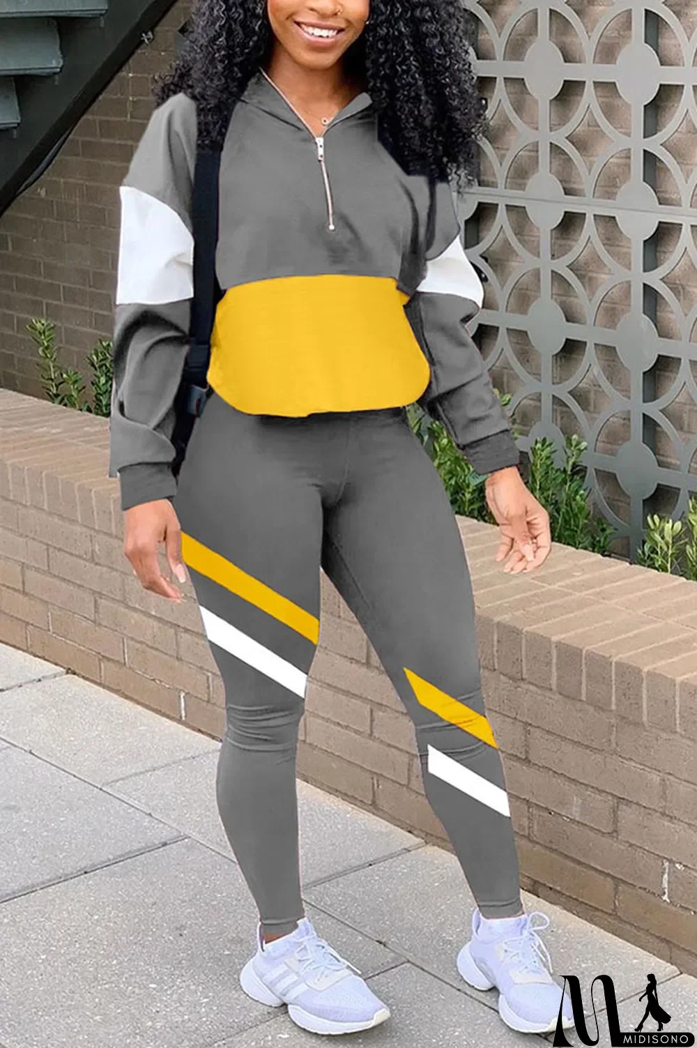 MidiSono - Fluorescent green Casual Striped Print Zippered Split Joint Mandarin Collar Long Sleeve Two Pieces